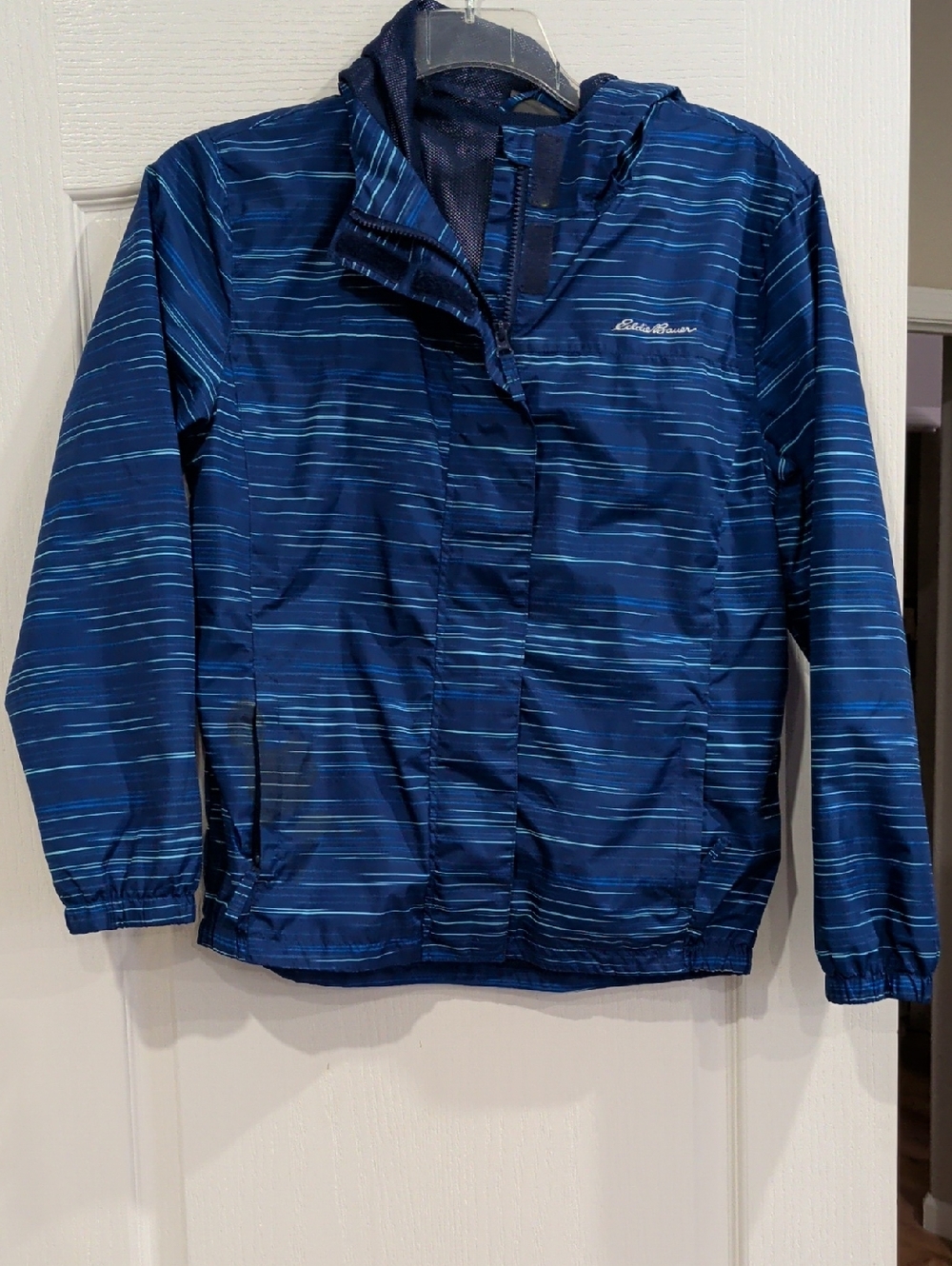 Eddie Bauer Kids Blue Striped Hooded Wind Breaker/Rain Jacket, Size L